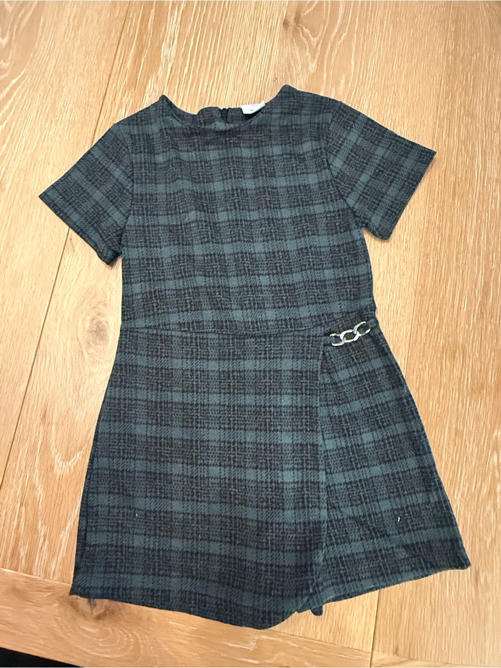 Zara Teal and Black Plaid Short-Sleeve Dress with Chain Accent